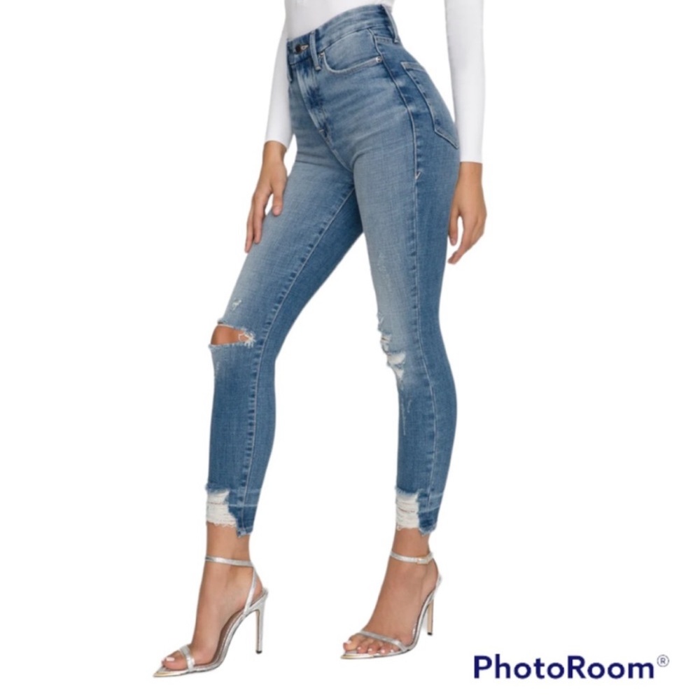 NWT Good American Good Waist Crop Chewed Hem Jeans in Blue634 Size 12